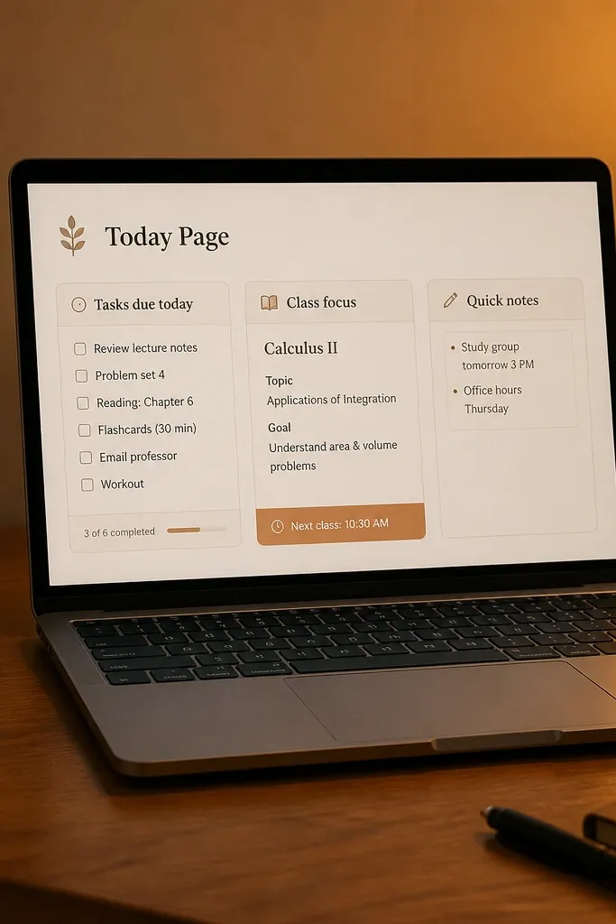Today page with three stacked panels: tasks due today, class focus, and quick notes