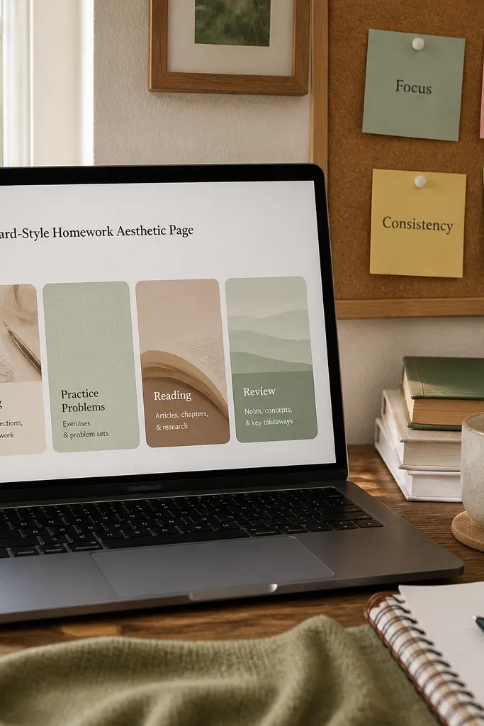 Soft collage-like layout with homework categories and small linked cards