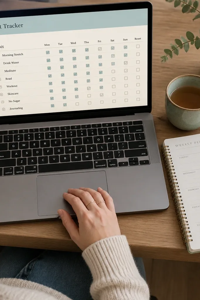Habit list with checkmarks for study routines and a weekly reset view