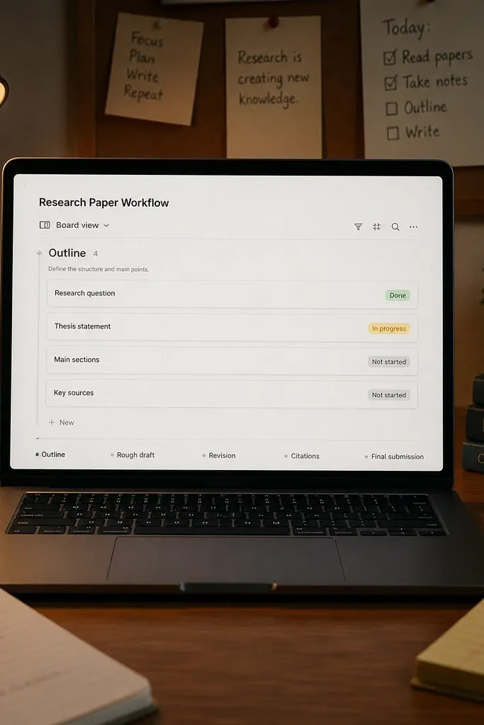Workflow stages for research paper: outline, draft, revise, cite, submit