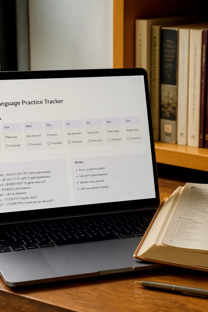 Daily language cards with phrases, translations, and checkboxes for practice