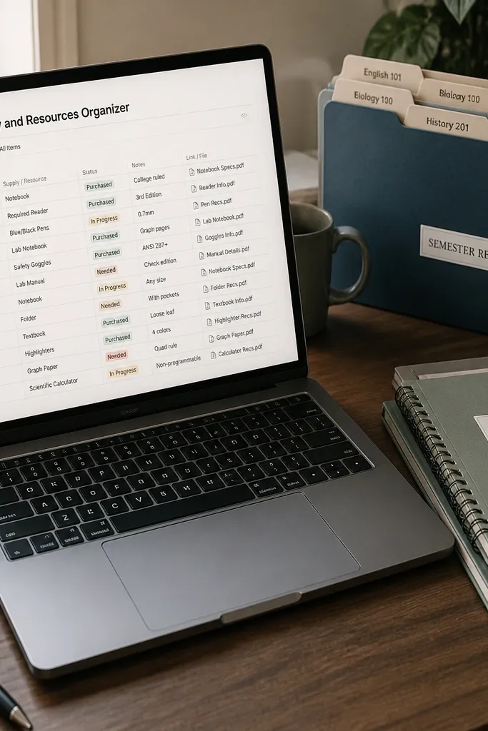 Supplies list with categories and a status for what's already ready