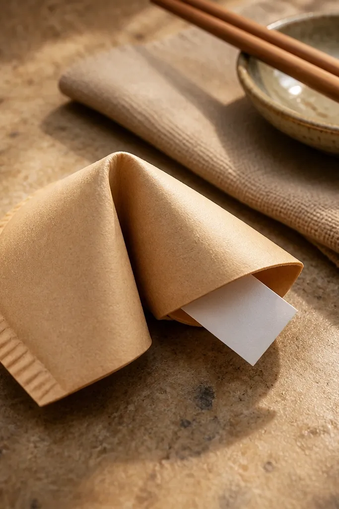 Small folded paper fortune cookie shape with a crimped edge