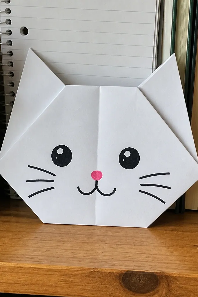 A folded paper cat face with pointed ears and a simple muzzle