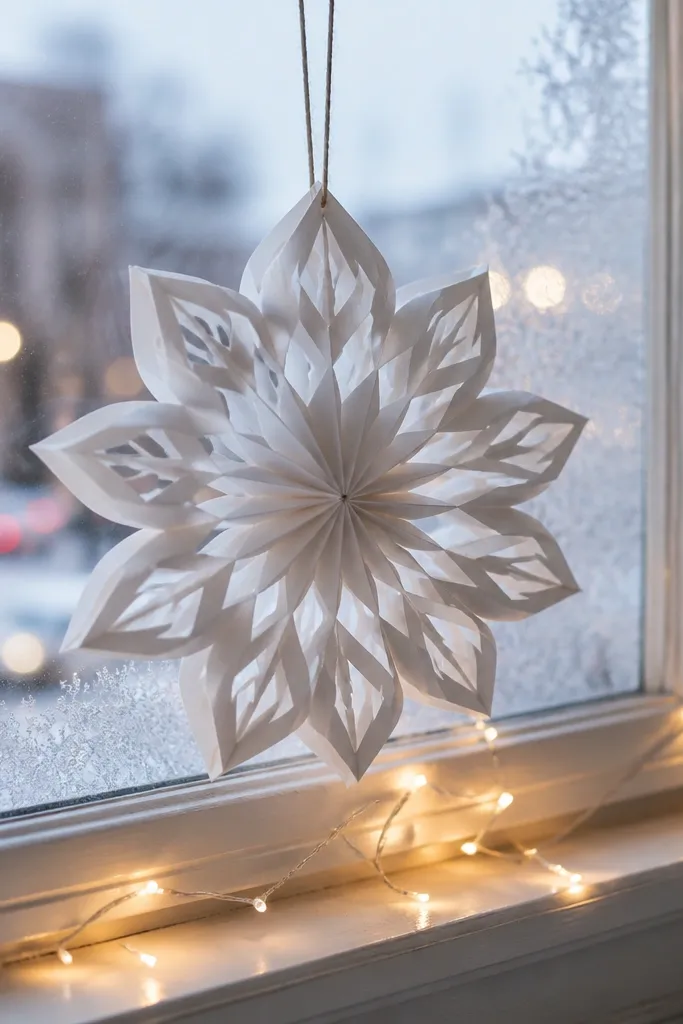 Folded paper snowflake ornament with symmetric points