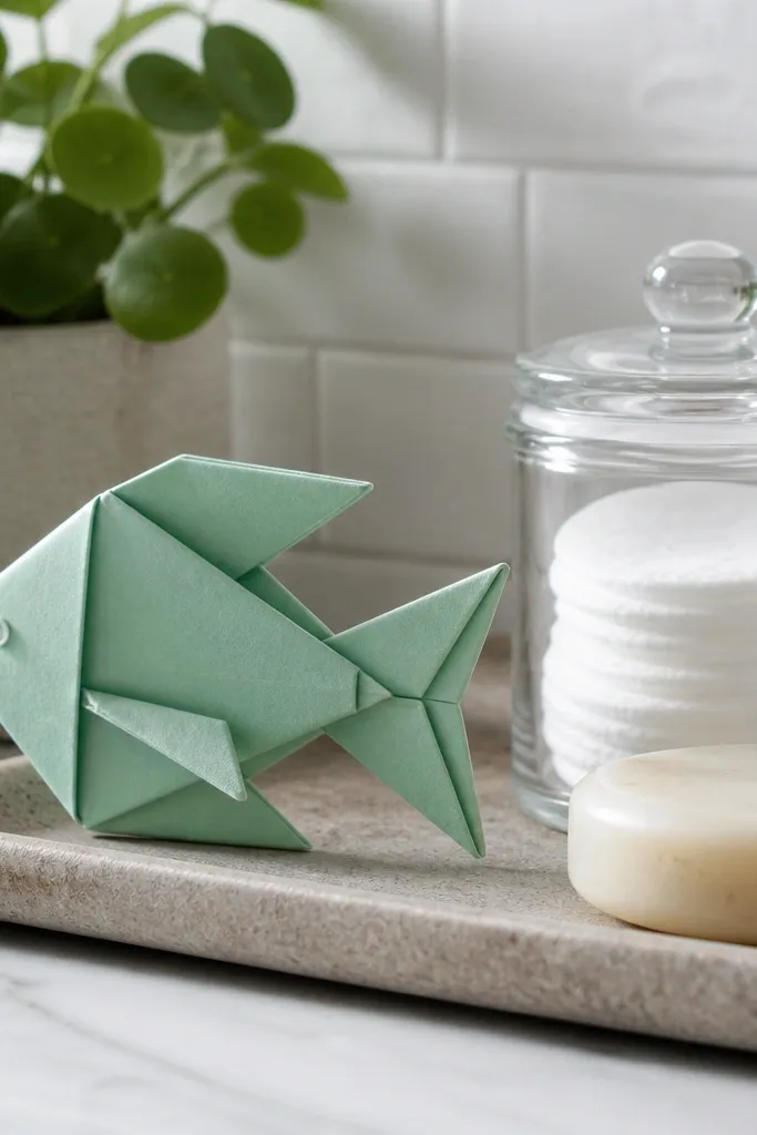 Folded paper fish with visible fin flaps and a curved tail