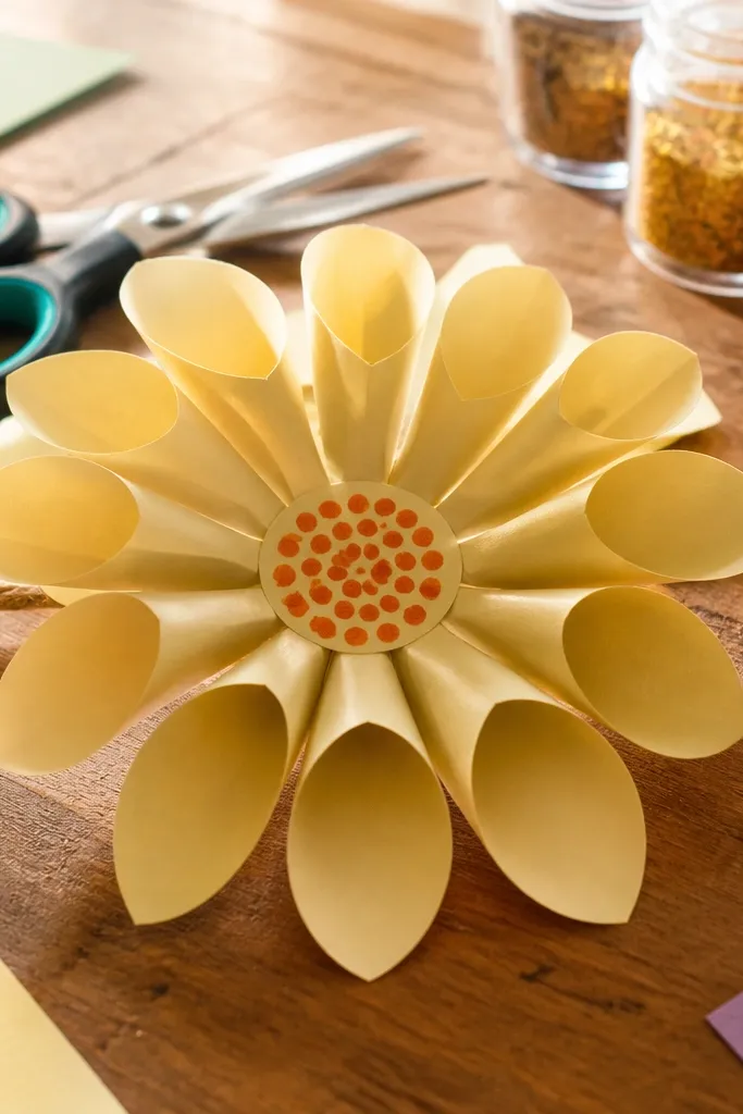 Folded paper flower with layered petal folds and a small center