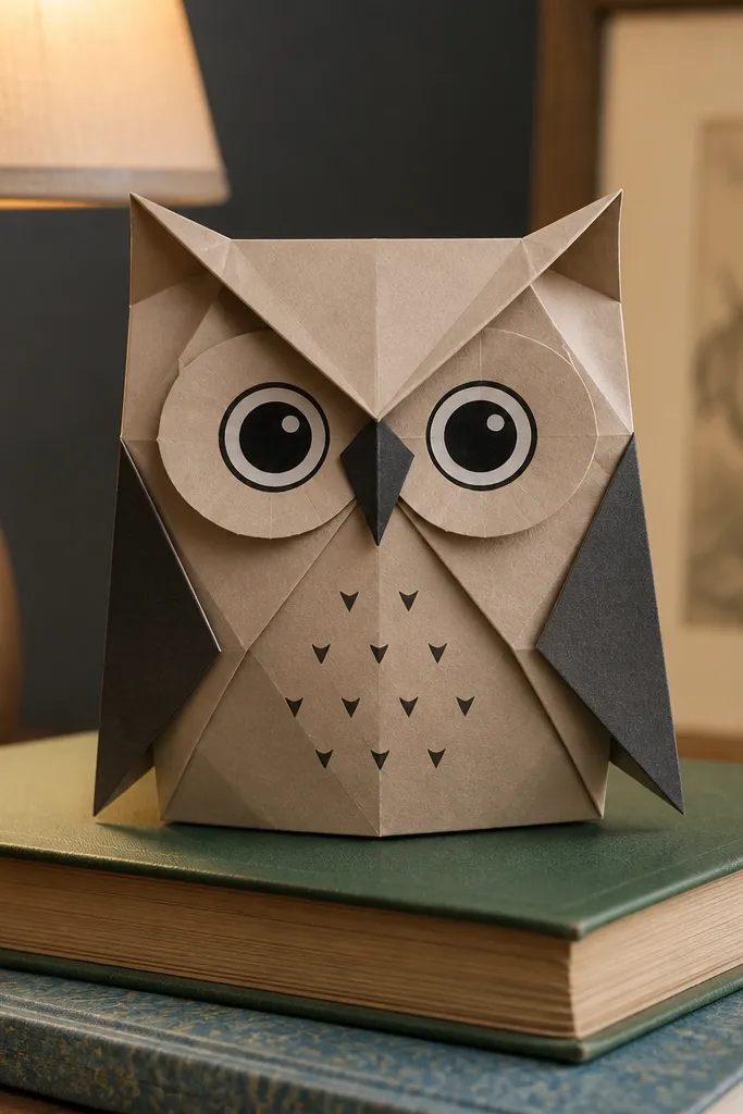 Folded paper owl with layered body and two round eyes
