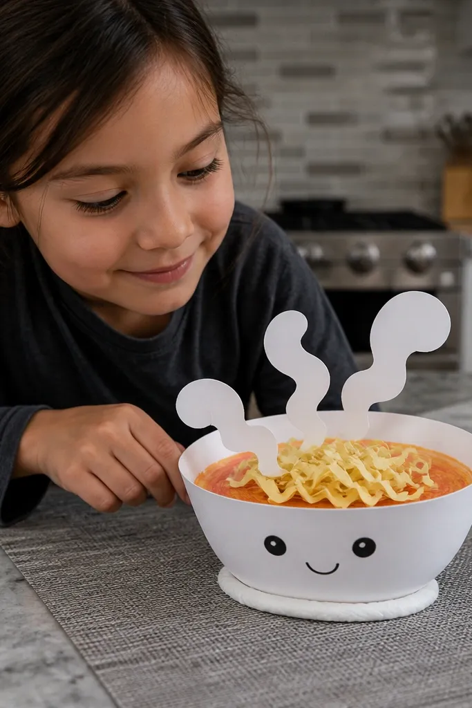 Paper ramen bowl with noodles, two eyes, and three puffy steam clouds