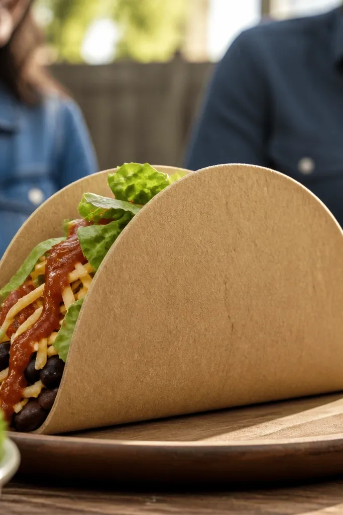 A paper taco shell with lettuce, cheese, and red salsa drips