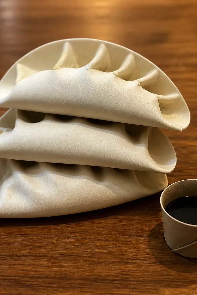Three paper dumplings stacked with a small soy sauce cup beside them