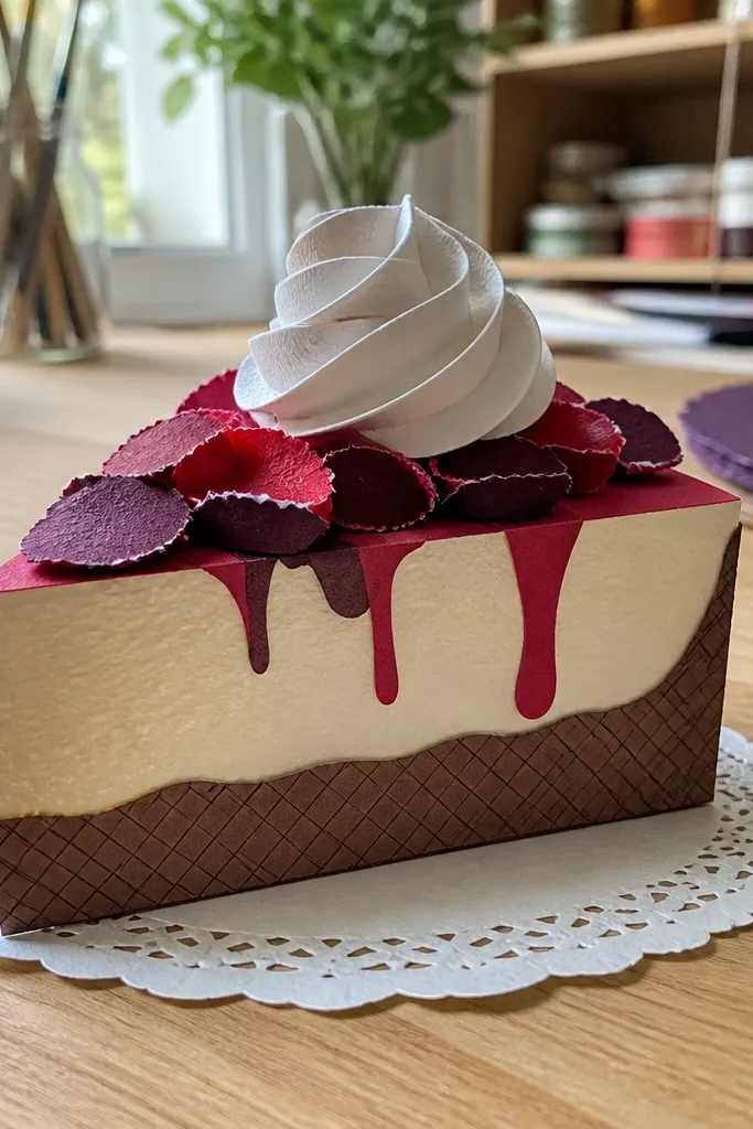 Paper cheesecake slice with berry topping and a whipped cream swirl