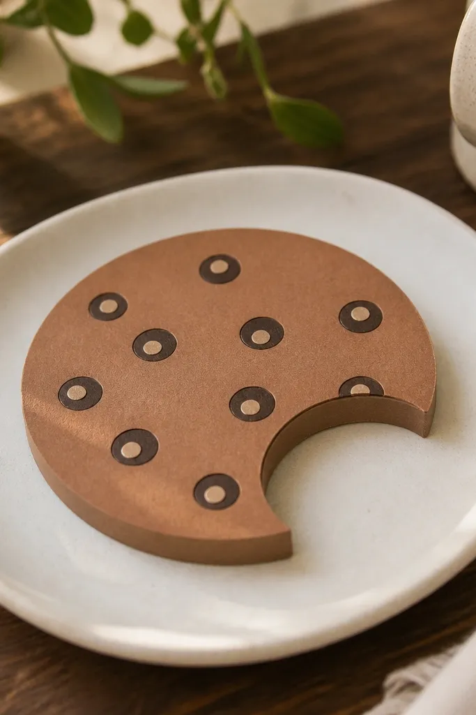 Paper cookie with chocolate chips and a curved bite missing