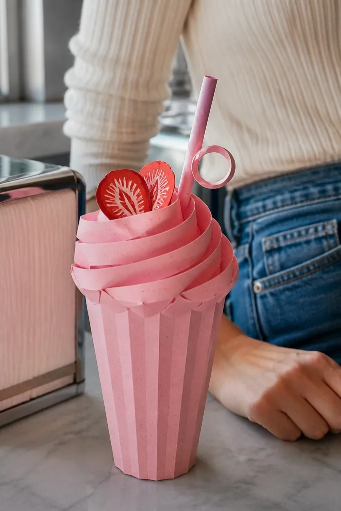 Paper milkshake cup with strawberry swirls and a looping straw