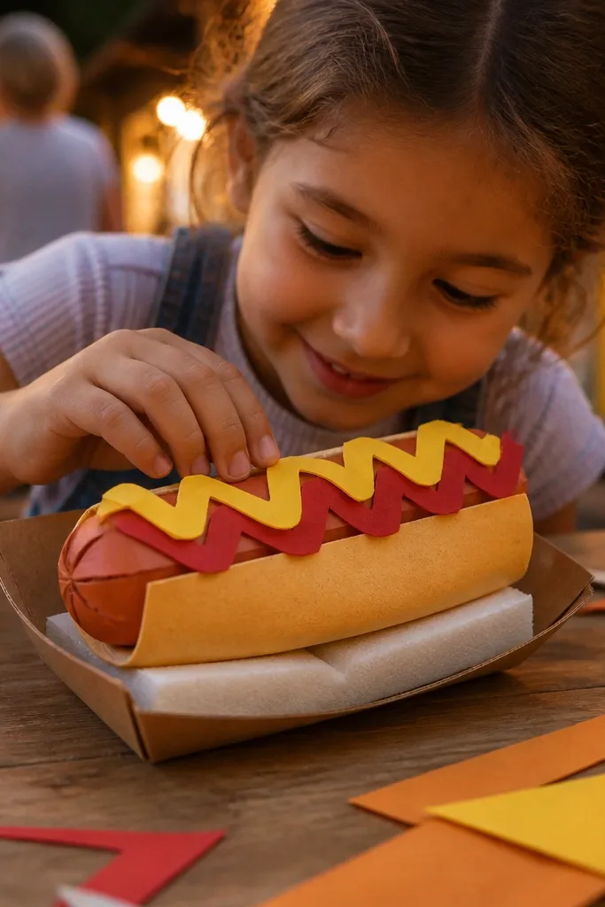 Paper hot dog with red ketchup zigzags and yellow mustard stripes