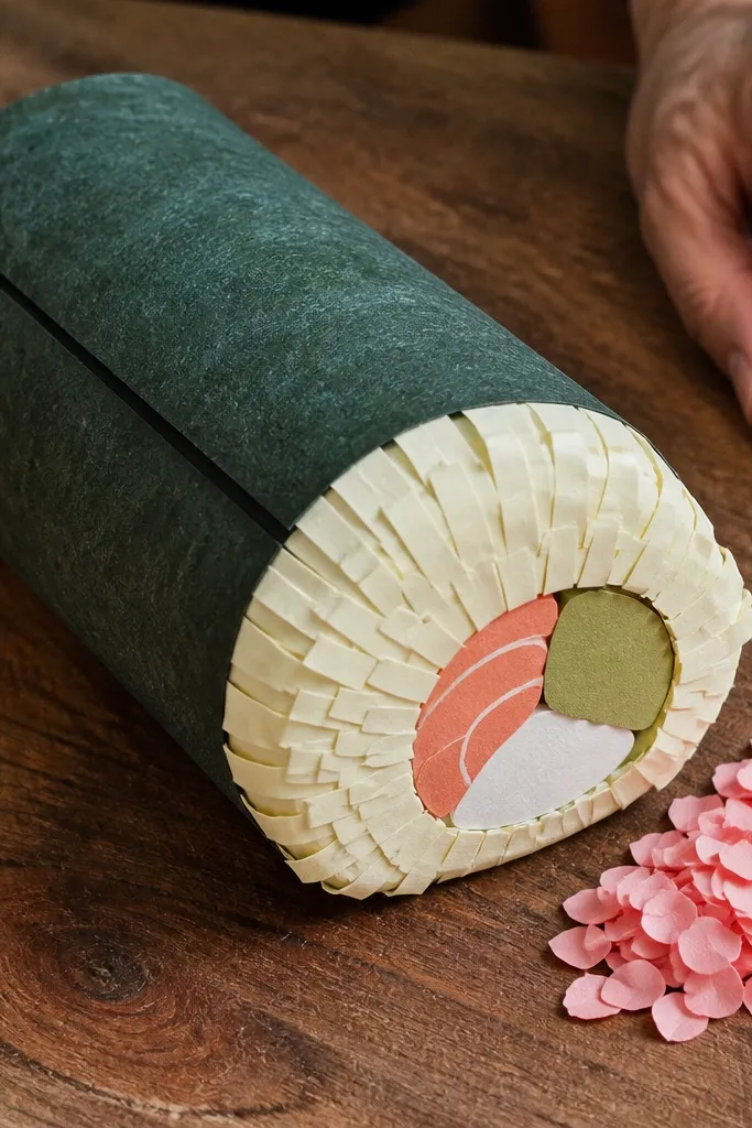 Paper sushi roll with seaweed wrap and pink ginger dots