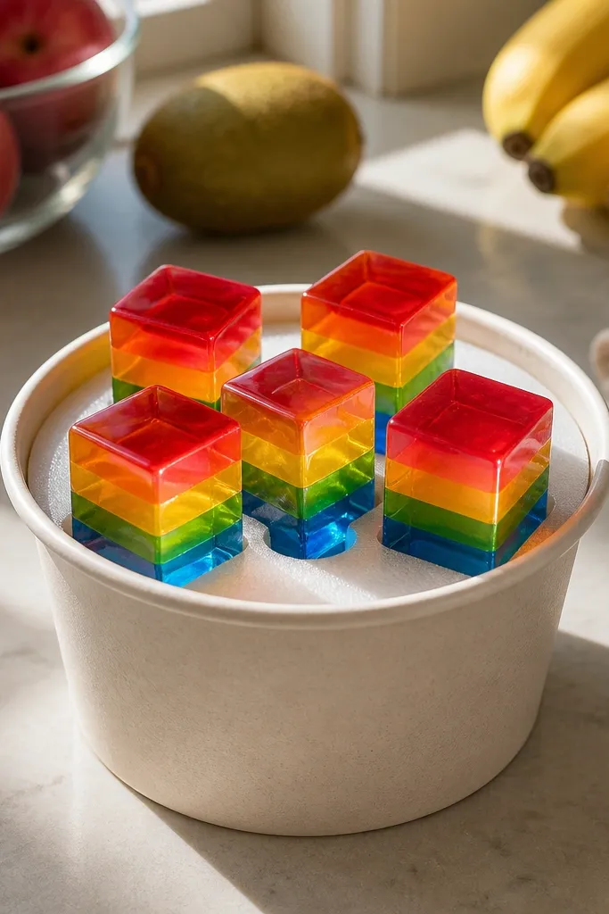 Paper fruit cup with stacked jelly cubes in pink, yellow, and green