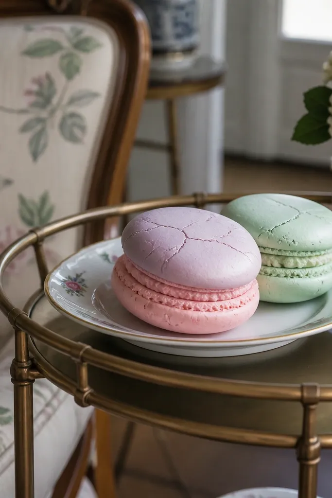Three paper macarons stacked with cracked shell lines and pastel filling