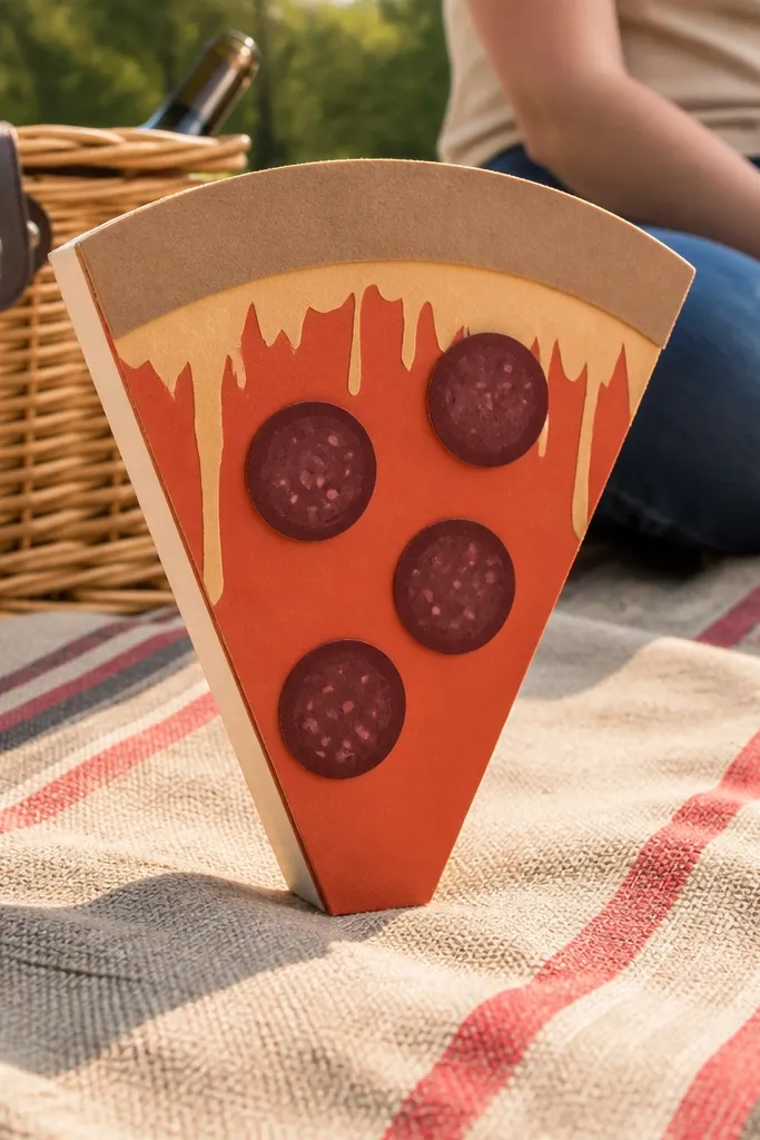 Paper pizza slice with pepperoni circles and melted cheese texture