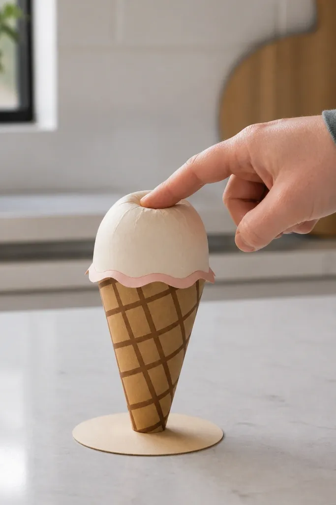 Paper waffle cone with a squishy scoop and chocolate drizzle