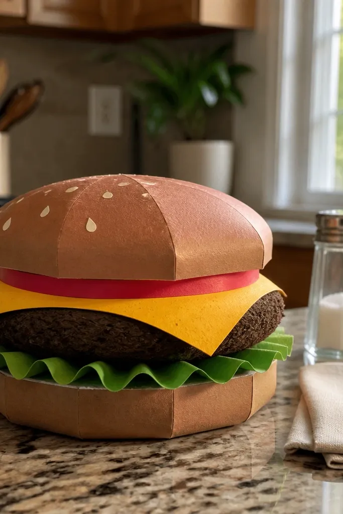 Paper burger with bun layers, lettuce, and a squishy patty
