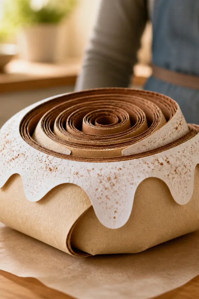 Paper cinnamon roll with rolled swirl and white icing ribbon