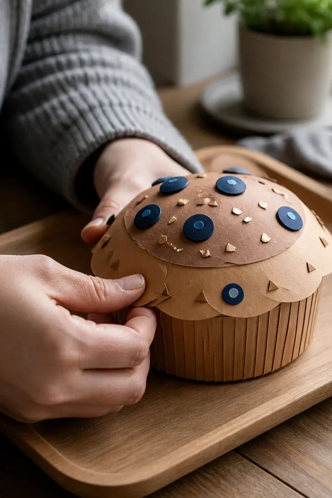 Paper blueberry muffin with a crumbly top and purple berries