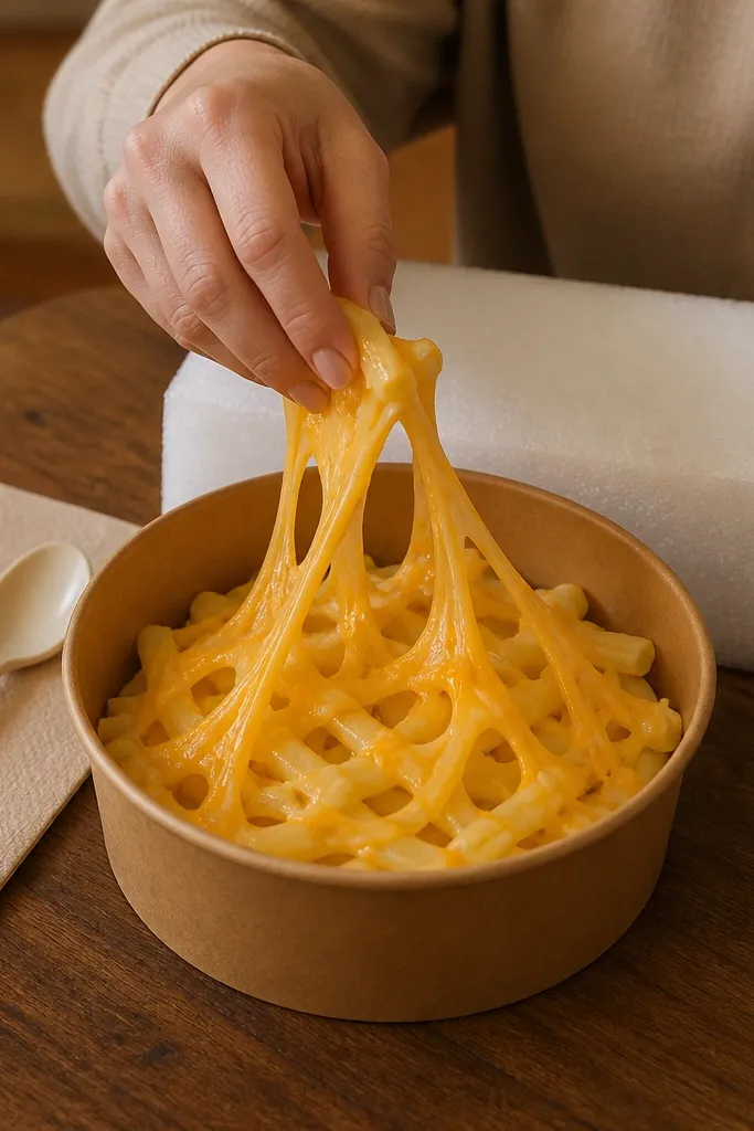 Paper mac and cheese bowl with zigzag cheese strands