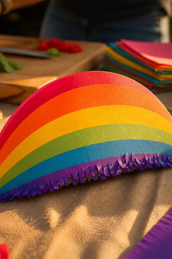 Paper rainbow taco shell with fringe and tiny topping dots