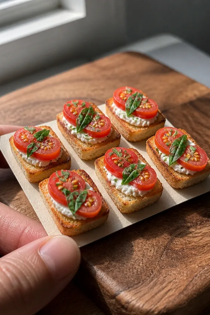 Paper bruschetta board with toast squares and red tomato halves