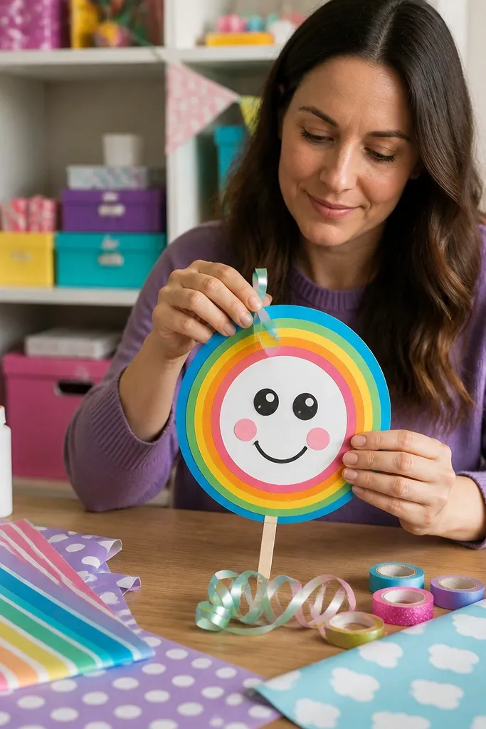 Paper rainbow lollipop with a squishy center and curled ribbon shine