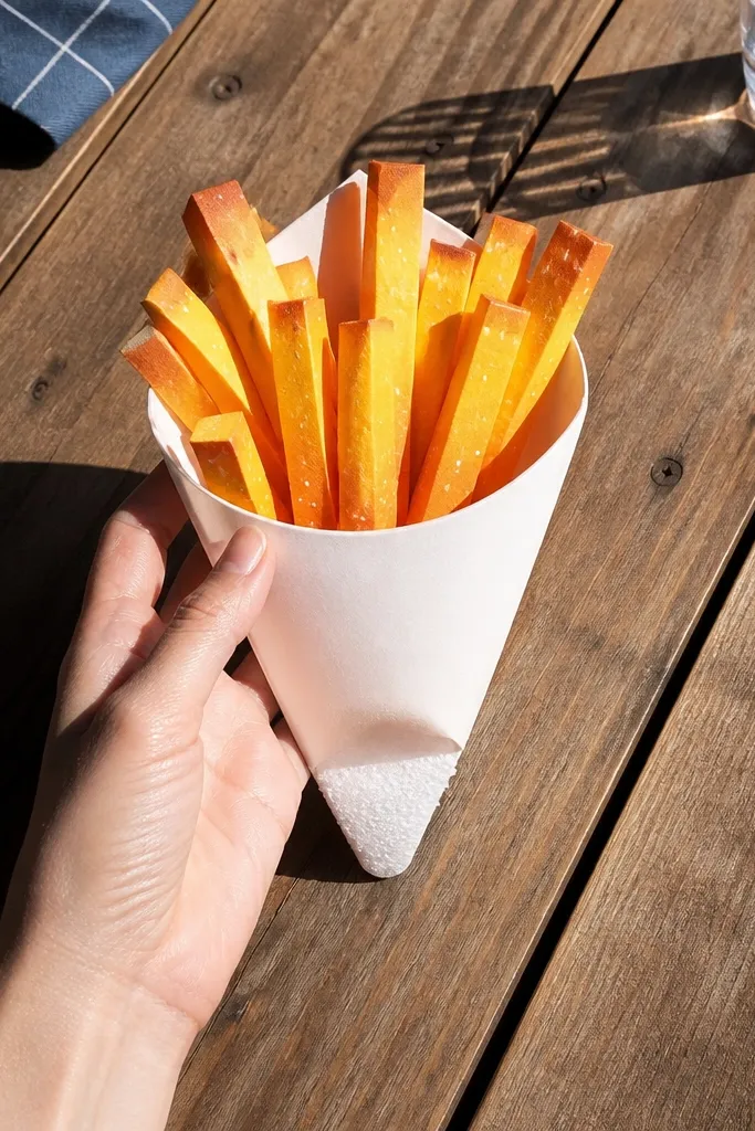 Paper fries cone with orange-gold fries and a squishy base