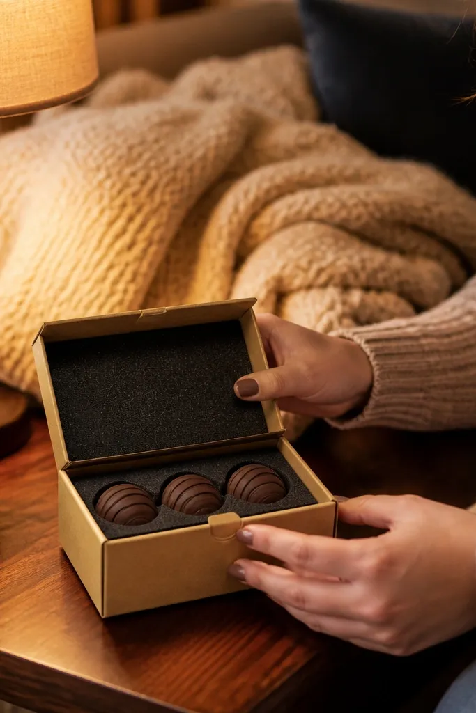 Paper truffle box with two pressable lids and three chocolate balls