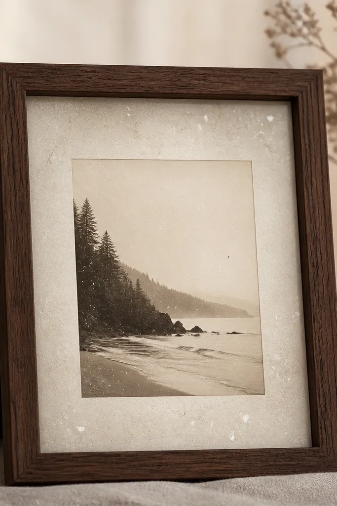 A dark walnut frame with a sepia-toned photo. The resin top has fine white specks like snow, with faint paper fibers visible beneath the clear layer.