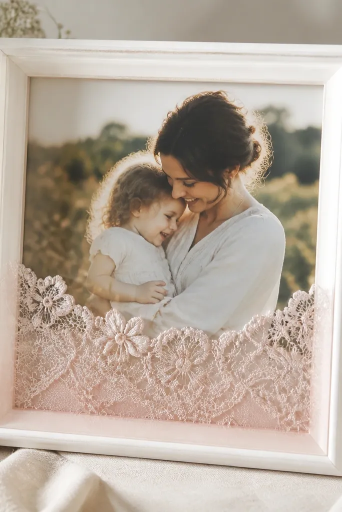 A white painted frame with a photo behind a lace strip along the bottom edge. The resin is clear with a subtle blush tint, giving a gentle pink glow where the lace sits.