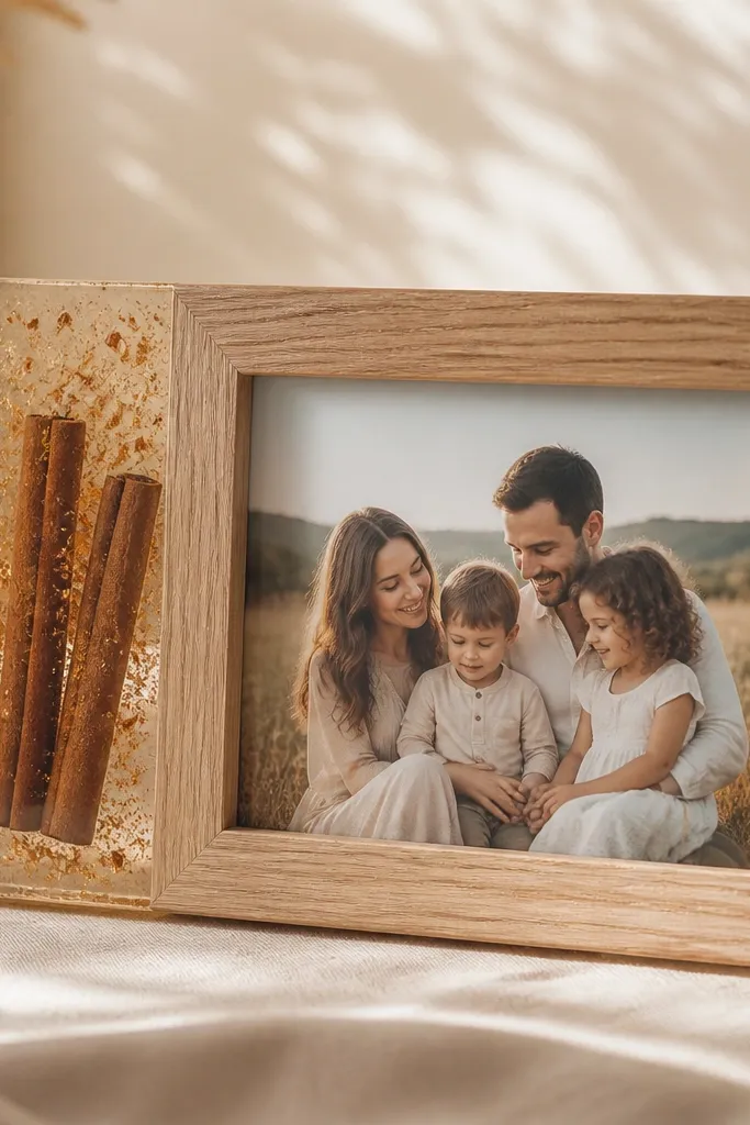 A light oak frame with a family photo. Two cinnamon sticks sit under clear resin with warm amber mica dust floating around them like glow specks.