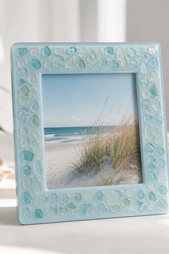 A pale blue frame with a beach photo. Under the clear resin are tiny sea-glass-like chips in aqua and pale green scattered in a loose mosaic.