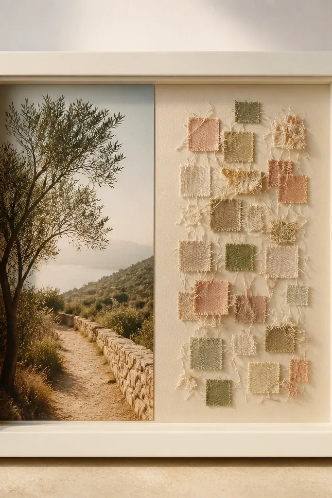 A cream frame with a warm-toned photo. Under clear resin are tiny cut fabric squares and threads in muted blush, sage, and tan.