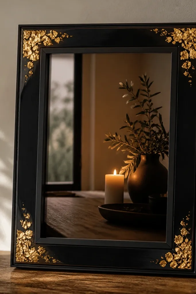A black frame with a candlelit photo. Gold leaf flakes sit in four corner clusters, with a warm clear resin finish that gives the leaf a soft glow.