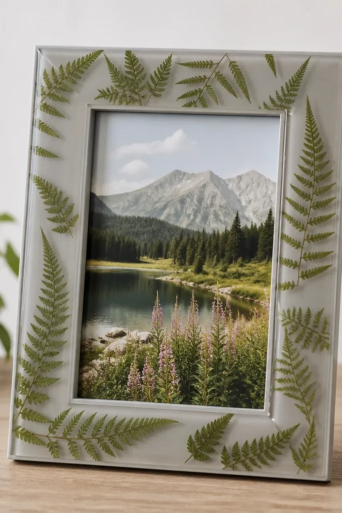 A light gray frame with a nature photo. Under the resin are pressed fern fronds placed like a delicate border, with a clear, glossy finish.