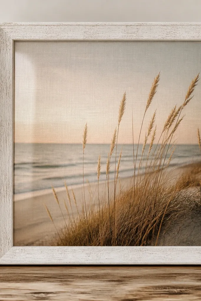 A whitewashed wood frame. The backing looks like linen fabric with visible weave, and a clear resin layer sits over it, making the photo glow softly.