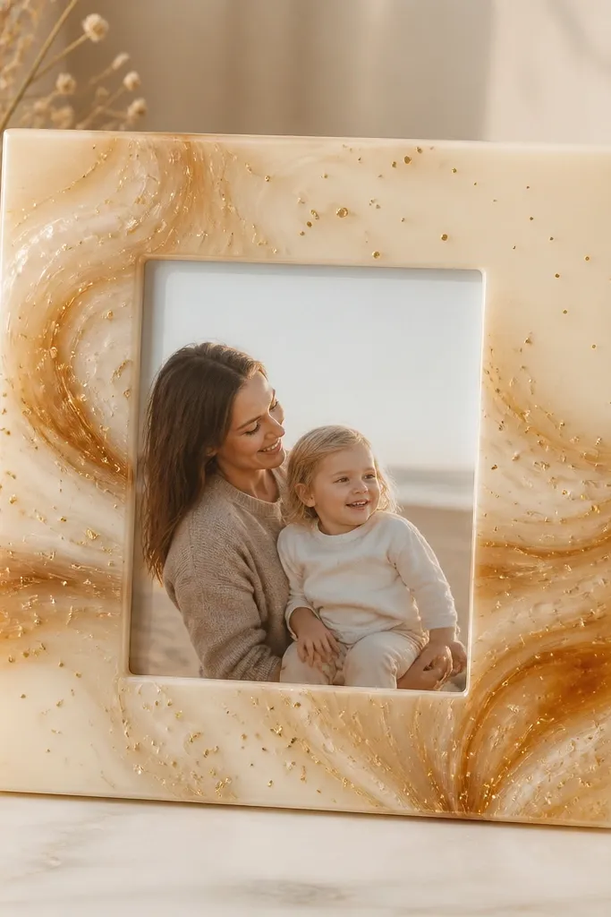A cream frame with a centered photo. Behind the resin surface are warm swirl patterns in caramel and beige with tiny gold confetti dots under the clear top.