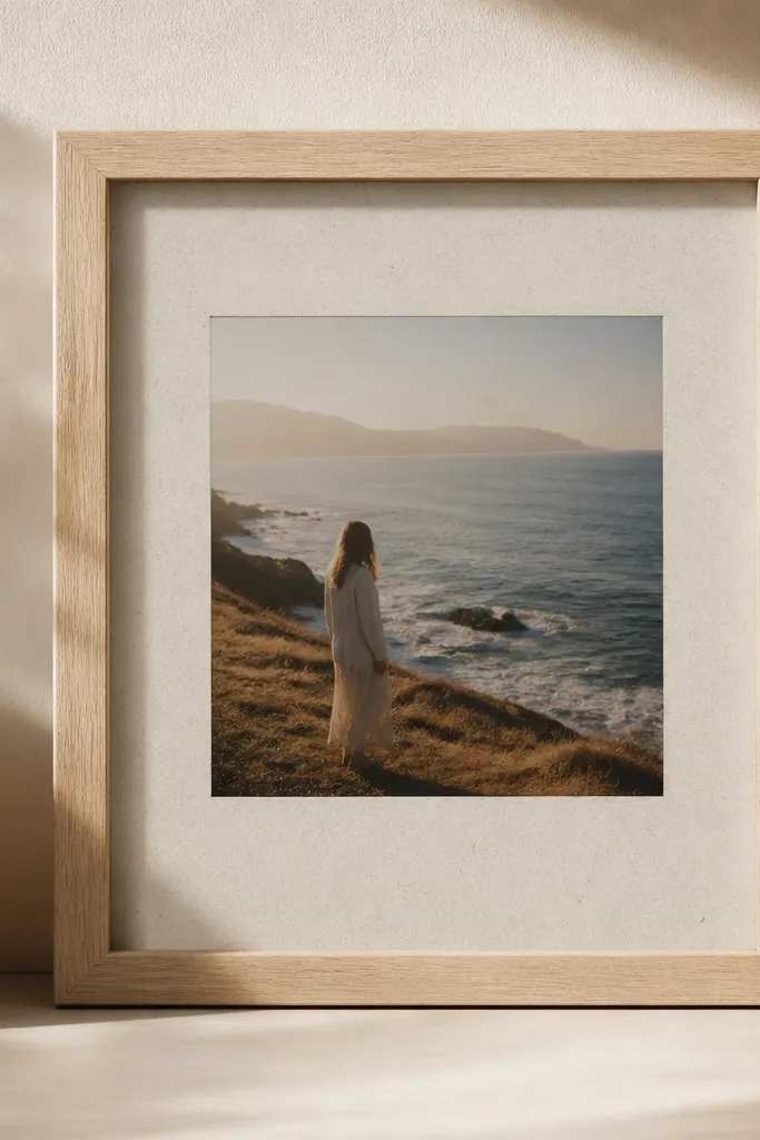 A light wood frame with a photo that looks slightly like a Polaroid. Under the resin there's subtle gray-brown speckling like film grain and a soft cream background.