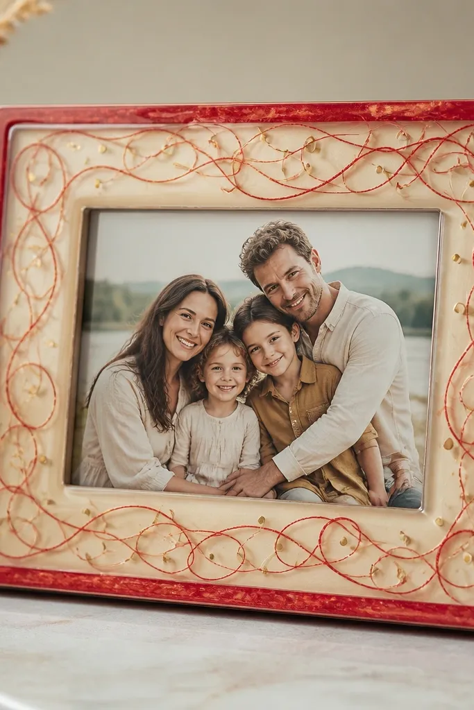 A red-and-cream frame with a family photo. Under clear resin are thin red thread loops and small muted gold dots, like ornaments trapped under glass.