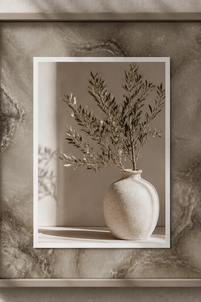 A taupe frame with a neutral-toned photo. Under clear resin, gray mica swirls look like smoky quartz, with faint white flecks and a warm undertone.