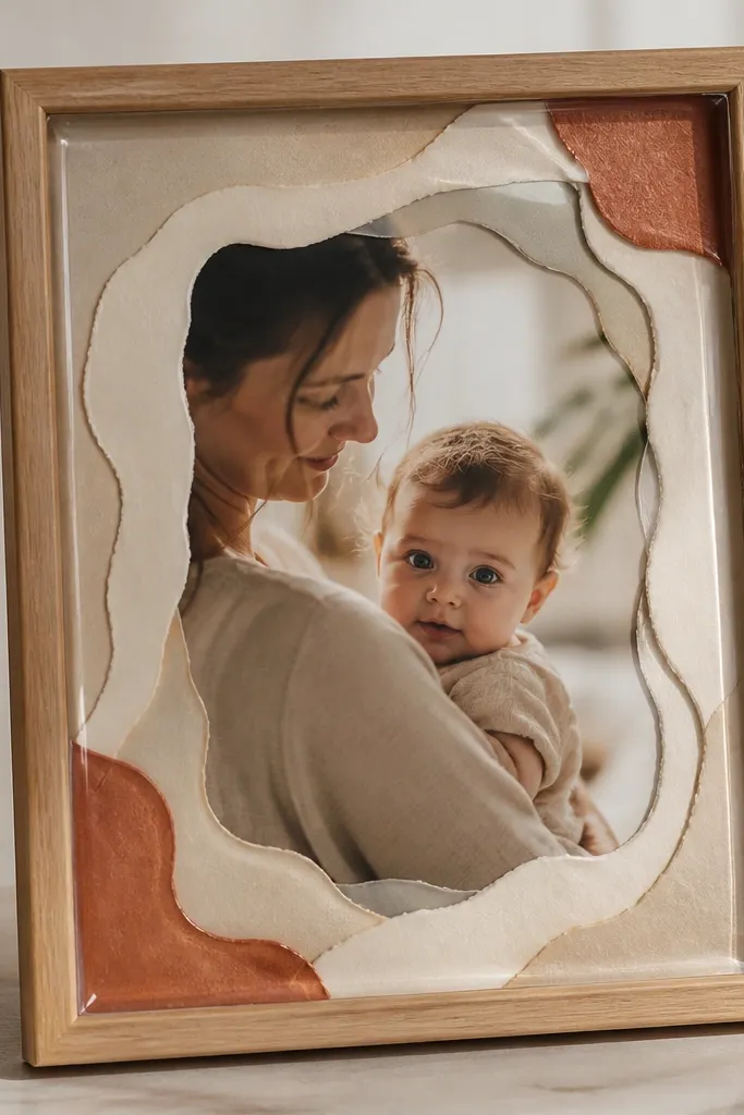 A natural wood frame with a warm portrait. Under the resin are layered handmade paper cutouts in cream, tan, and a small amount of rust, forming a subtle border shape around the photo.