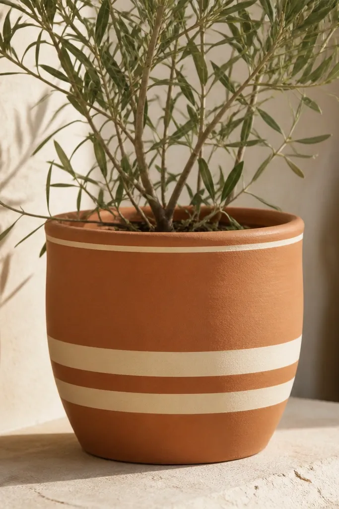 A terracotta-colored pot painted with two even cream stripes across the lower third, with the rest left in warm terracotta and a thin cream line around the rim.