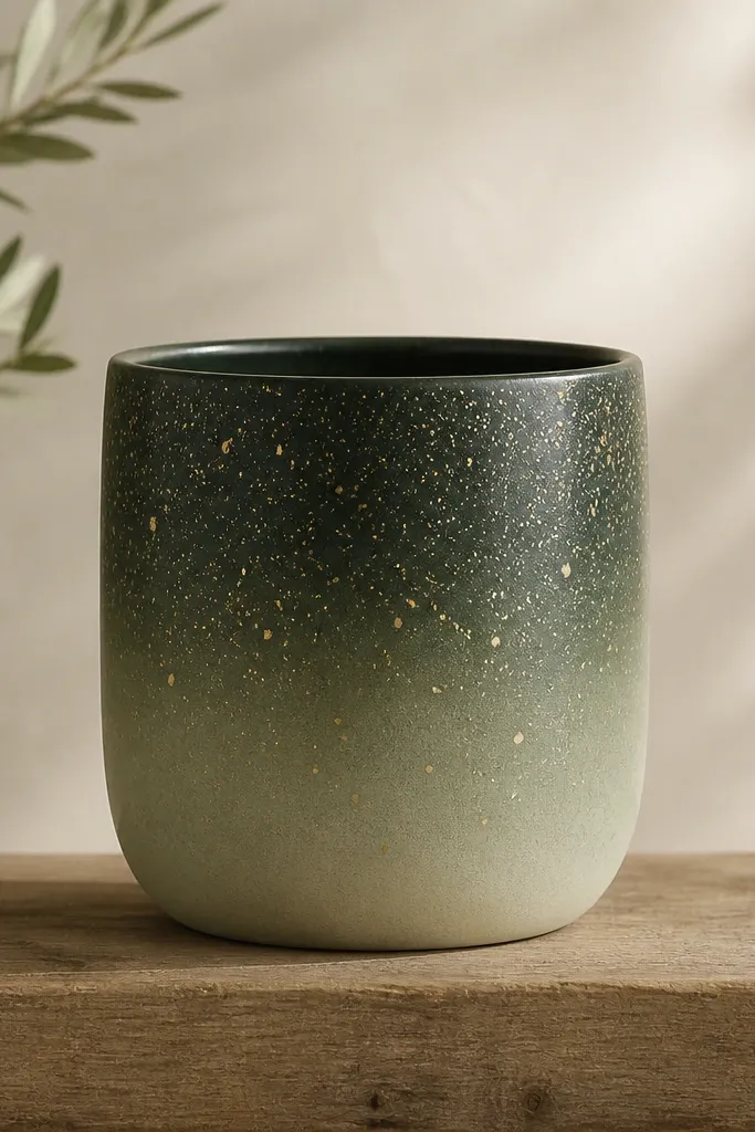 A dark green pot fading to a lighter sage at the bottom, with small gold paint specks concentrated near the top and scattered downward.