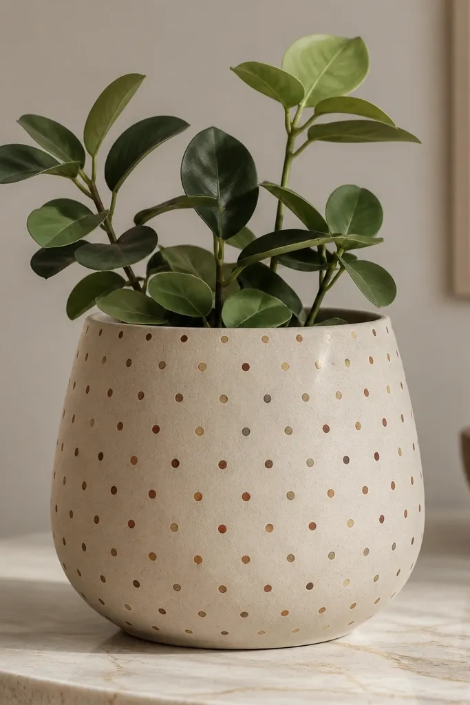 A light oat-colored pot covered in evenly spaced small dots in rust, burnt orange, and a touch of dark brown.