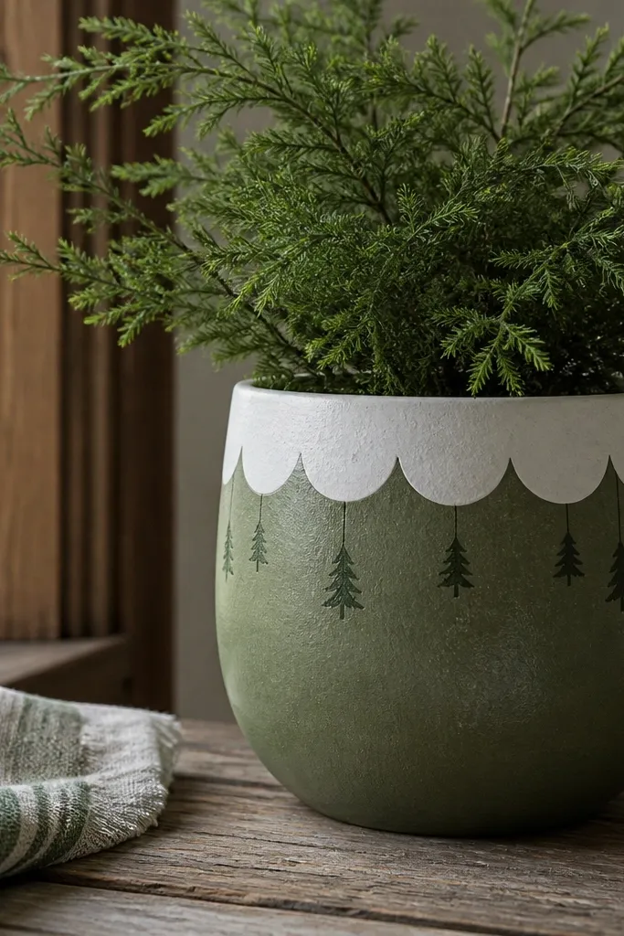 A green pot painted with a white half-moon band near the top, with tiny evergreen silhouettes hanging below the band.